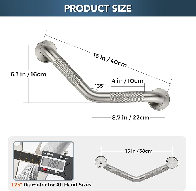Grab Bars for Bathtubs and Showers- 1-1/4 x 16 Angled Shower Grab Bar for Seniors Knurled Stainless Steel Handicap Grab Bars for Wall (Brushed Nickel, 1 Pack)