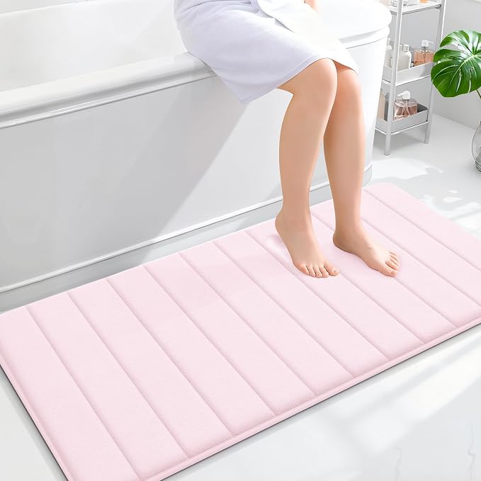 OLANLY Memory Foam Long Bathroom Rugs Runner 47x24, Super Soft Absorbent Bath Mat, Quick Dry, Machine Washable Shower Floor Rugs, Bathmat Carpet, Bathroom Home Decor Accessories, Pink