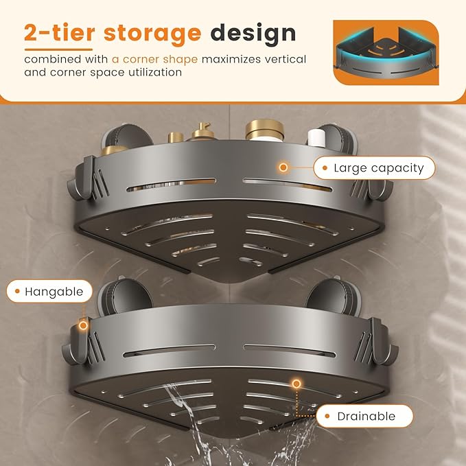 Corner Shower Caddy 2-Pack, Suction Cup Shower Organizer with Hooks, No Drilling Rustproof Aluminum Floating Wall Shelf, Gun Grey, Triangular (Triangular)