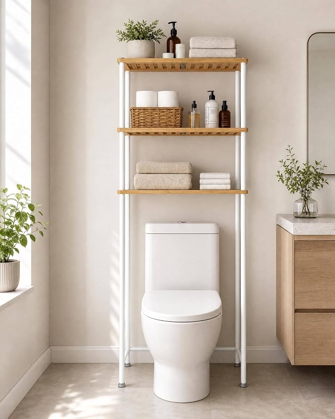 LiSHELF Bamboo Over The Toilet Storage Shelf 3-Tier Bathroom Organizer Rack Freestanding Above Toilet Shelves Space Saver for Small Bathroom, Laundry, White