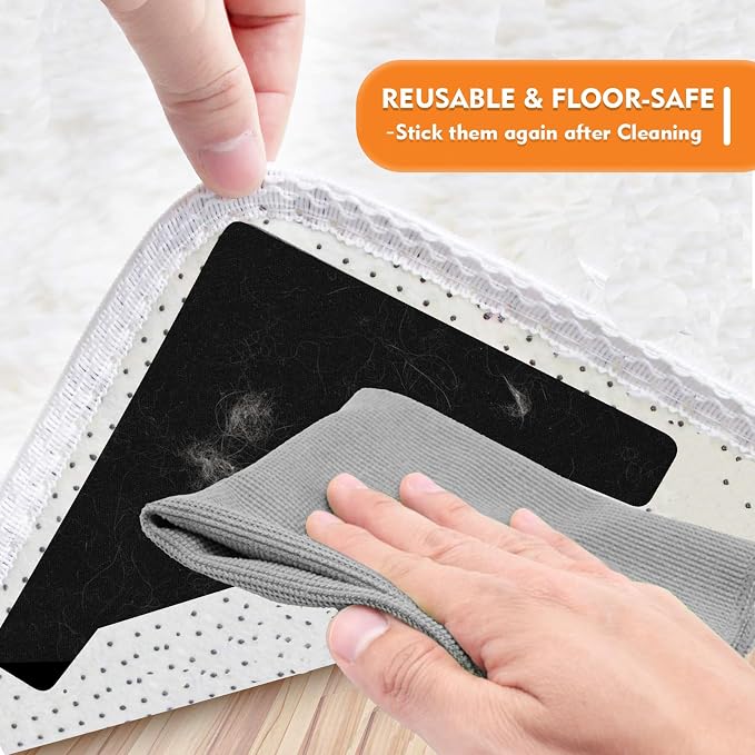 DEVOGUE® 16 PCS Anti-Slip Rug Pads – Dual-Sided Washable & Reusable Rug Pads, Non-Slip Carpet Corner Holders to Prevent Curling – Strong Adhesive Rug Tape for Hardwood, Tile & Laminate Floors