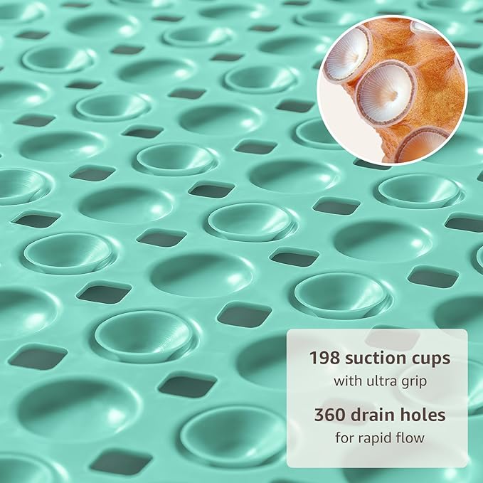 OTHWAY Bath Tub Shower Mat Non Slip, Bathtub Floor Liner Mats for Inside Shower Bathroom, Suction Cups and Drain Holes for Feet Scrubbing, Machine Washable, Soft on Feet, 35x16 Inch, Light Green