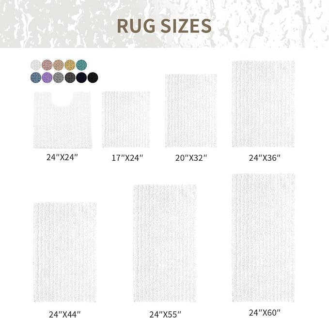 Bathroom Rugs Non Slip Washable 44x24, Extra Thick Soft Chenille Absorbent Bath Mat, High Density Barrier Non Slip Backing, Quick Dry Plush Shaggy Floor Carpet for Tub&Shower, White