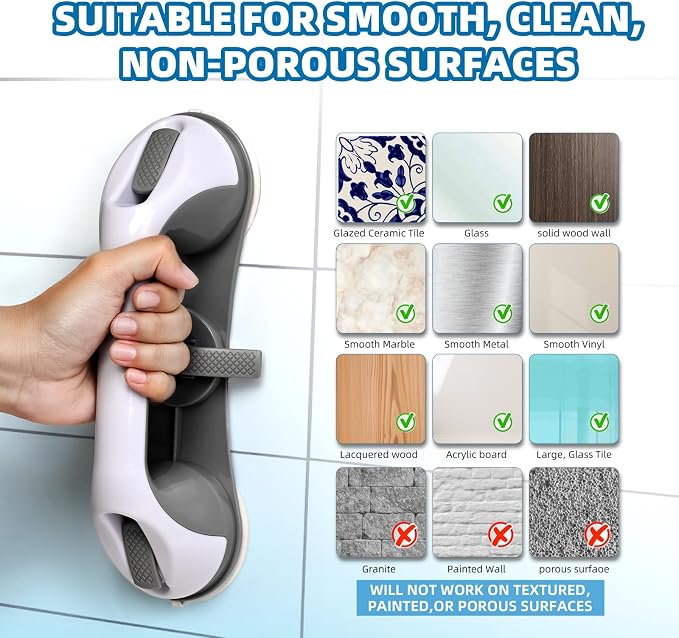 Grab Bars for Bathtubs and Showers, 2 Pack No-Drill Suction Shower Handles with 3 Suction Cups, Removable Bathroom Safety Balance Bars for Seniors, Smooth Tile & Glass, Gray