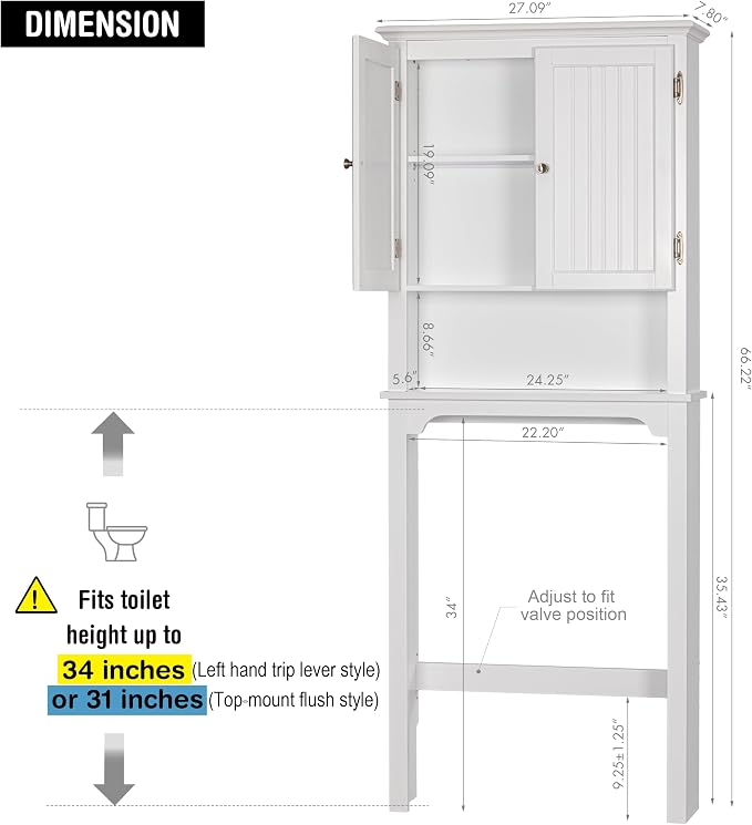UTEX Over The Toilet Storage Cabinet, Over Toilet Bathroom Organizer with Adjustable Shelves and Double Doors, White