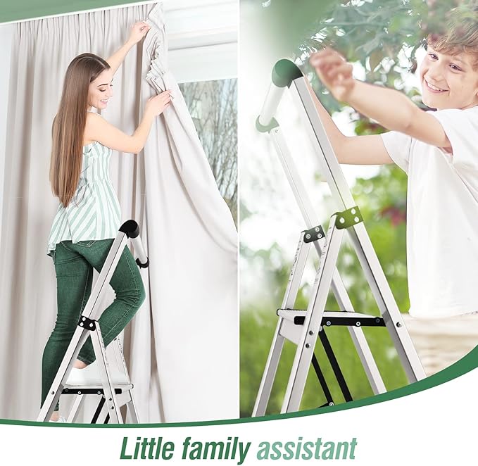 HBTower 5 Step Ladder, Aluminum Ladder with Handrails, Folding Step Stool for Adults, 330LBS Capacity Sturdy& Portable Ladder for Home Kitchen Library Office, Sliver