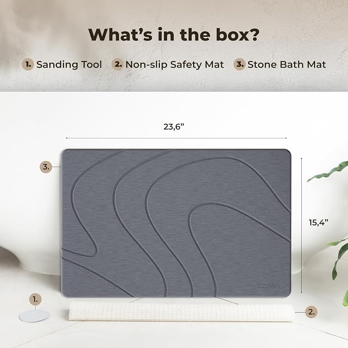TOSORO - Stone Bath Mat Diatomaceous Earth Shower Mat Non-Slip Super Absorbent Diatomite Stone Bath Mats for Bathroom Floor Quick Drying Natural Easy to Clean (23.5 x 15) - Graphite