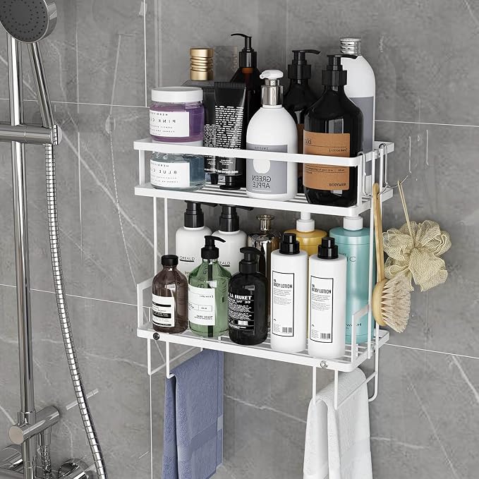 Godboat Bathroom Organizer - Over the Toilet Storage Cabinet, 2-Tier Floating Shelves, Wall Shelf with 2 Hooks & Paper Rack, Cool Accessories & Decor, Gifts for Women, Mothers Day (White)