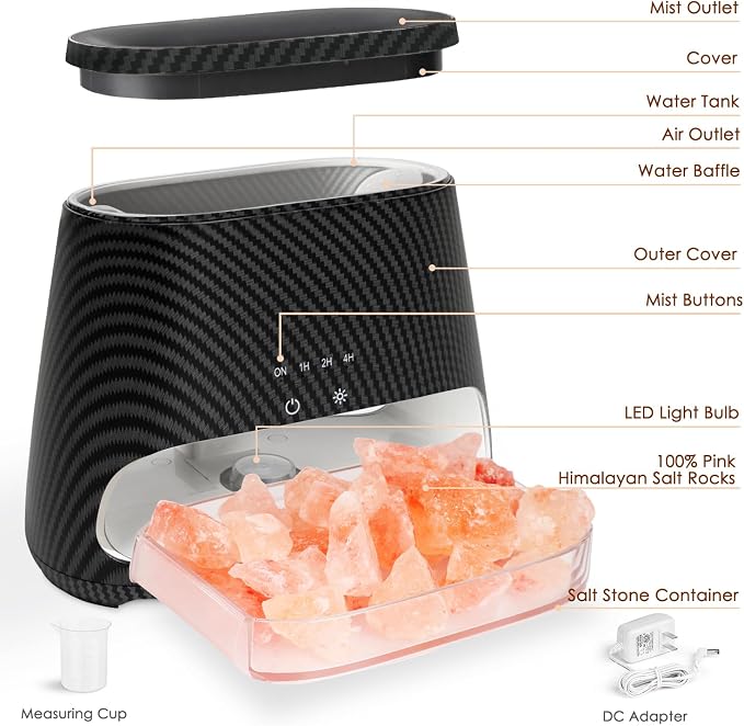 SALKING 2-in-1 Ultrasonic Essential Oil Diffuser & Himalayan Salt Lamp, Aromatherapy Diffuser Cool Mist Humidifier with Auto Off Function, Pure Himalayan Pink Salt Rock, 150ml (Carbon Black)