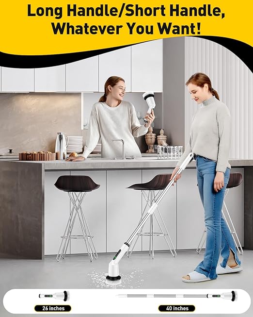 Shower Scrubber with Long Handle, Shower Cleaner Brush with 8 Floor Machine Pads, Cordless Electric Spin Scrubber for Cleaning with 2 Speed, Cleaning Supplies for Bathroom Bathtub Kitchen Floor Tile