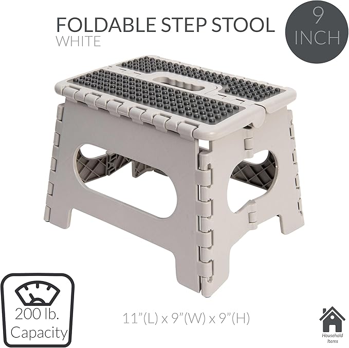 Simplify 9 Inch Ant-Skid Folding Step Stool | Collapsible | 200 Pound Capacity | Durable | Portable | Kitchen | Bathroom | Garage | White