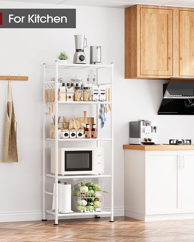 Sakugi Storage Shelves - 5-Tier Large Capacity Shelf Organizer with Hooks, Heavy-Duty Garage Shelving with Leveling Feet, Wobble-Free Rack for Bedroom, Balcony, Garage, 18.1"×12.4"×56.8", White
