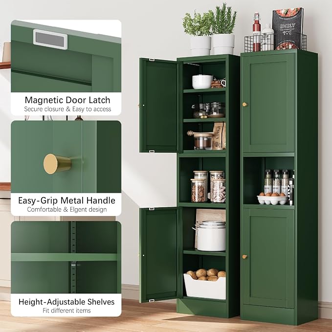 Bevivog Metal Kitchen Pantry Cabinet for Small Space, 67" Tall Storage Cabinets with 2 Doors and Adjustable Shelves, Freestanding Narrow Bathroom Cabinet, 15.7" W Slim Pantry