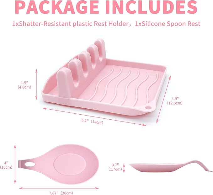 2 Pack Multiple Utensil Spoon Rest with Drip Pad Non-Slip Heat Resistant Kitchen and Grill Spoon Holder for Spatula, Ladle, Tongs, Kitchen Gadgets, and Cooking Accessories (Cute Pink)