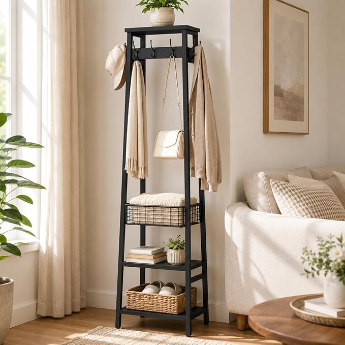 Coat Rack Freestanding, Coat Stand with Metal Basket and Storage Shelves, Hall Tree Free Standing with and 7 Hooks, Clothes Rack Stand Organizer, Black