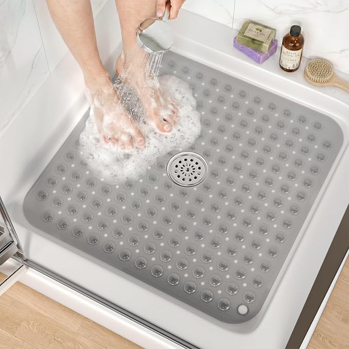 HITSLAM Shower Bathtub Mat Non Slip, 24"x 24" Bath Mat for Tub, Soft PVC Shower Mats for Inside Shower with Suction Cups and Center Drain Hole, Machine Washable Bathroom Floor Mat, Grey