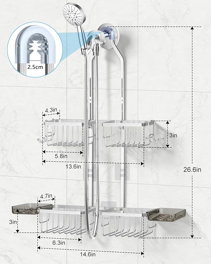 Adjustable Shower Caddy Hanging - Never Rust Shower Organizer Hanging, Aluminum Shower Racks for Inside Shower - Bathroom Organizers and Storage with 2 Soap Holders and 2 Removable Hooks, Silver