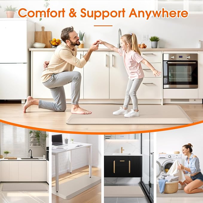 4/5 Inch Thicker Kitchen Mat, Cushioned Thick Floor Comfort Mat, with Non-Slip Bottom, Water & Stain Resistant, Easy Clean Standing Desk Mat for Kitchen, Sink, Office (17.3"x39"x0.8", Khaki)