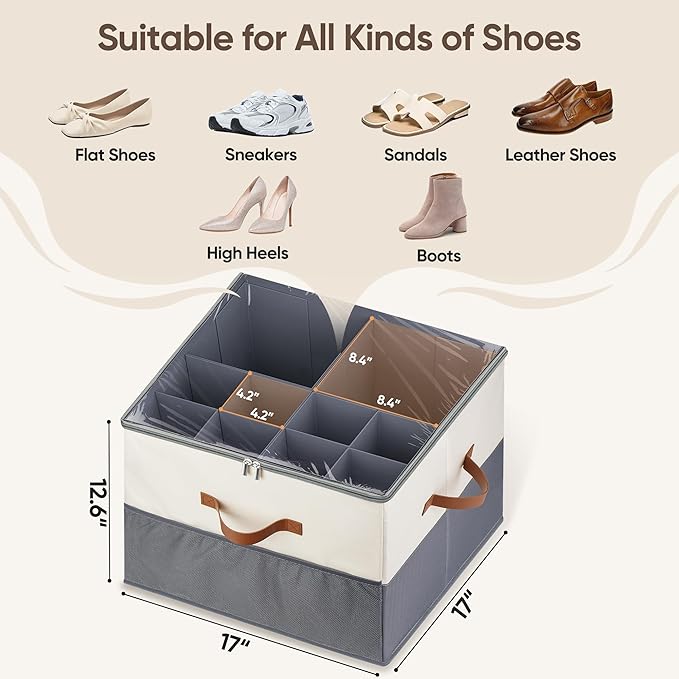 Shoe Organizer for Closet, 2 Pack Shoe Storage Containers with Adjustable Dividers, Space Saving Shoe Box Organizers Bins with Clear Lids & 4 Handles, Fits 16-32 Pairs, Beige & Grey