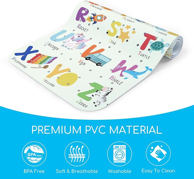 Baby Bath Mat for Tub, Non Slip Kids Bath Shower Mat, 40 X 16 Inch Large Bathtub Mat with Drain Holes and Suction Cups for Toddlers, Machine Washable and Waterproof (Alphabet)