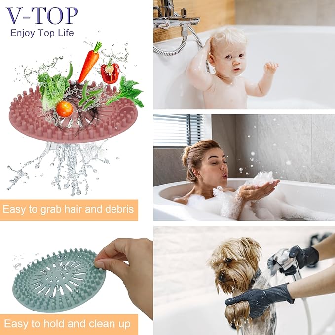 Shower Drain Hair Catcher Tub Stopper, V-TOP Drain Cover for Shower to Catcher Hair, Silicone Bathtub Drain Plug Suit for Bathroom Kitchen and Laundry, 4 Pack