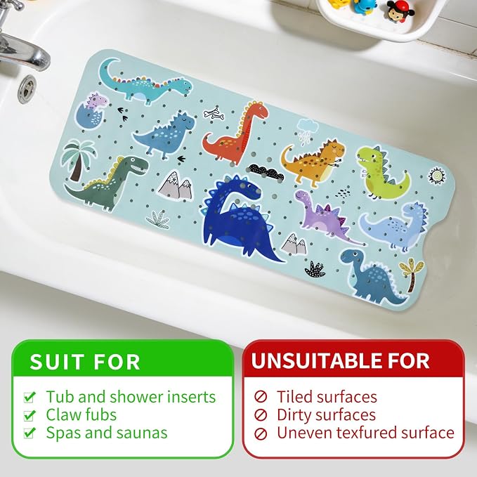 Bath Tub Shower Mat Non Slip Kids Bathtub Mat Anti Slip Baby Bath Mat for Tub 40 x 16 Inch Extra Long Toddler Bath Mat with Suction Cups and Drain Holes for Bathroom Floor,Machine Washable,Dinosaurs