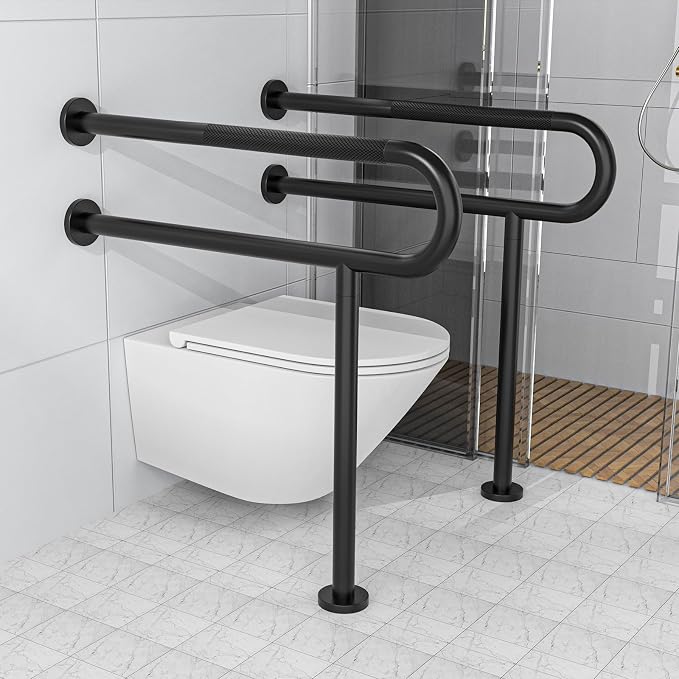 Toilet Support Rail 32 Inch, Munzong Anti-Slip Black Handicap Grab Bar for Bathroom, Stainless Steel Knurled Safety handrails with Leg for Elderly Disabled Pregnant-1.25’Tube