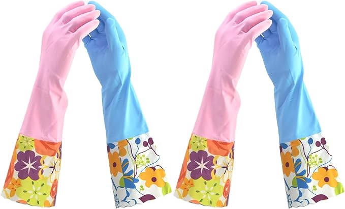 Household Gloves Latex-Free, 15" Long Cuff, Soft Lining, Adjustable Strap, Multi-Layer Protection, Flexible, Comfortable, Chemical-Resistant, Reusable for Cleaning, Dishwashing, 4 Pair Small