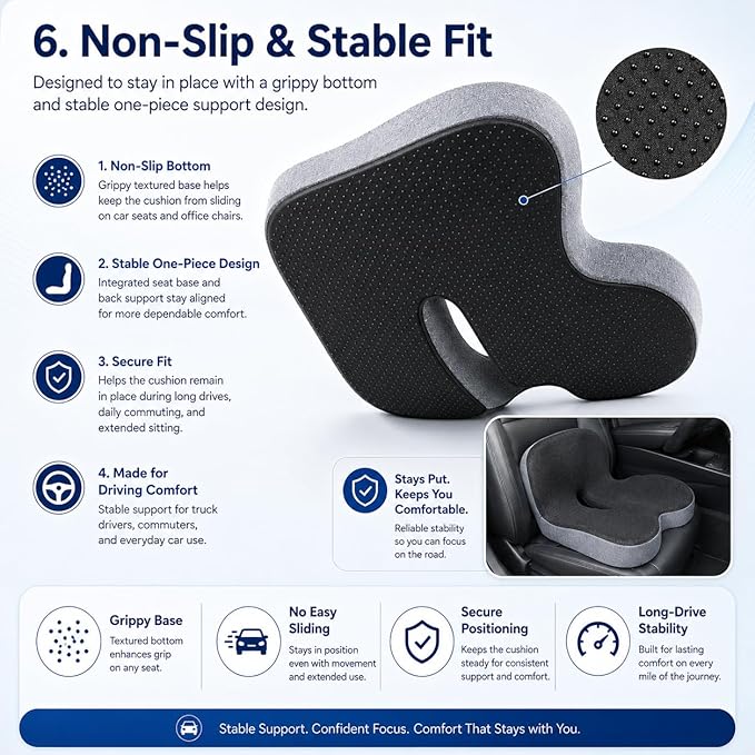 Orthopedic Cushion for Car, Extra Wide Thick Seat Cushion for Long Haul Driving with High Density Support and U-Shaped Tailbone Relief for Truck Drivers and Commuters (Dark Grey)