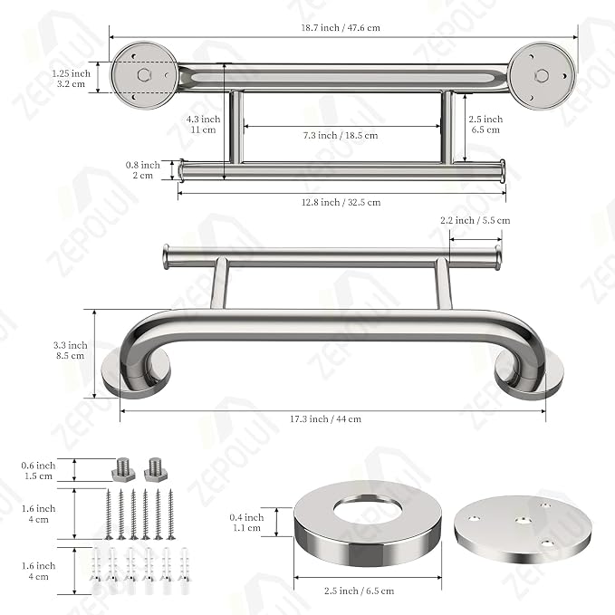Polished Chrome Grab bar 17 inch - 1.25” Diameter, Zepolu 2-in-1 Bath Towel Bars for Bathroom, Stainless Steel Safety Assist Balanced Support Handle, Wall Mounted Towel Grab Bars for Senior Handicap