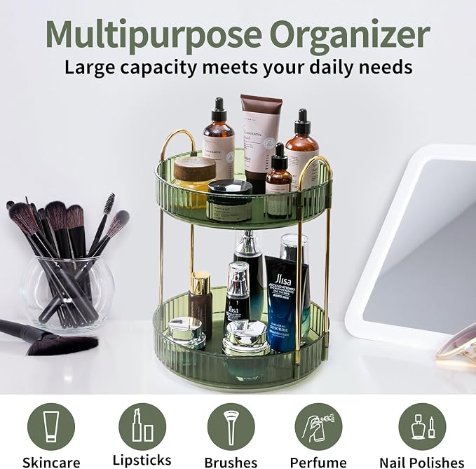 Asayuee 360 Rotating Makeup Organizer for Vanity,2 Tier Large Capacity Skincare Organizers,Bathroom Counter Organizer, Spinning Perfume Organizer & Vanity Organizer (Green-2 Tier)