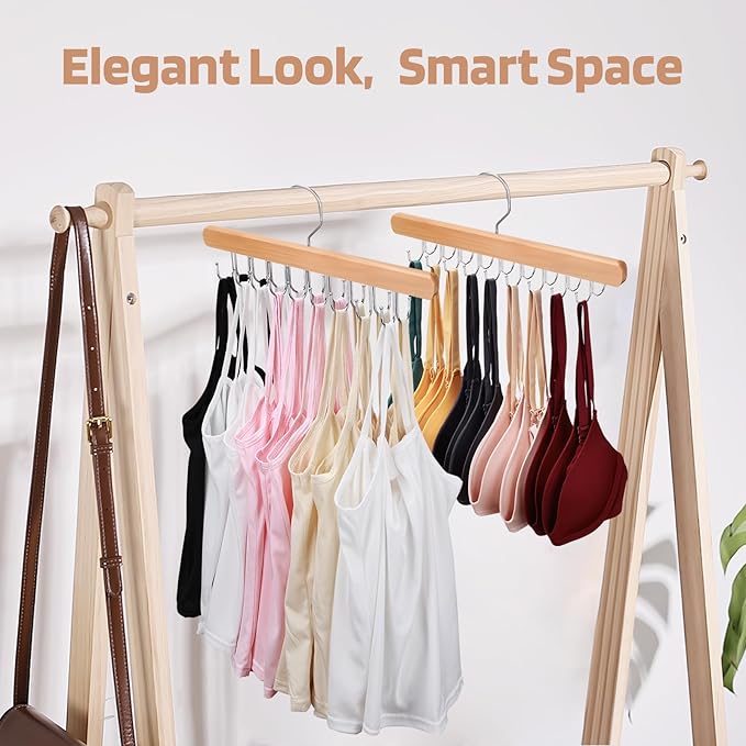 NECAMOCU 2 Pack Bra Hanger for Closet Organizer, Premium Wooden Tank Top Hangers with 36 Foldable Hooks, 360° Rotating Design, Space Saving Storage for Tank Tops, Bras, Scarves and More