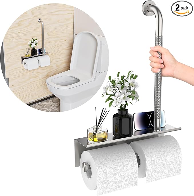 Bathroom Grab Bar with Shower Shelves,Munzong Toilet Paper Holder 3 in 1 Bathroom Organizers and Storage, Anti Slip Stainless Steel Safety Hand Rail for Handicap Elderly Senior Assist
