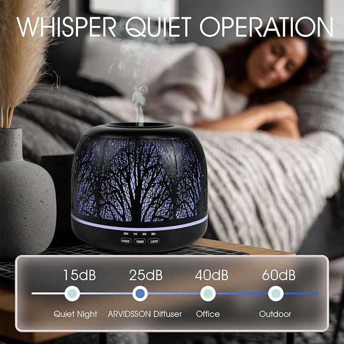 ARVIDSSON 500ml Essential Oil Diffuser, Metal Diffusers for Essential Oils, Aromatherapy Diffuser for Large Room, Color Mood Light & Mist Timer Setting, Gift for Women - Black Tree