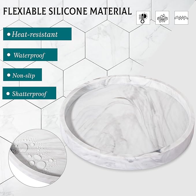 Silicone Bathroom Tray Round Vanity Tray Decorative Soap Holder Kitchen Countertop Organizer Coffee Table Decor for Candle, Perfume, Plant, 11 Inch, Marble Grey