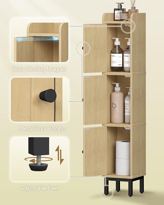 Hzuaneri Slim Bathroom Storage Cabinet, Narrow Bathroom Organizers and Storage with 4 Adjustable Feet, Laundry Room Organization for Small Space, Kitchen, Living Room, 3 Doors Rattan Yellow BC22302Y