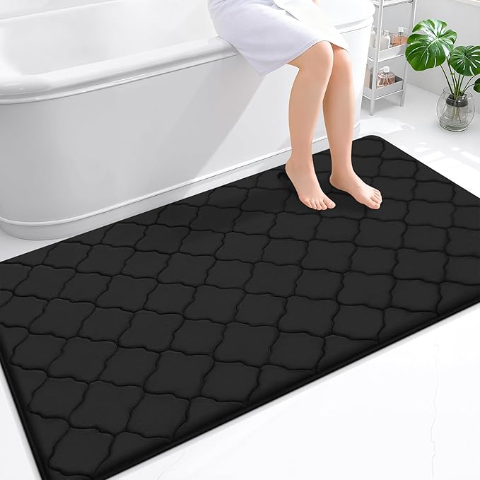 OLANLY Memory Foam Bath Mat Rug 59x34, Ultra Soft and Absorbent Bathroom Rugs, Non-Slip, Comfortable, Machine Washable Bath Carpet for Bathroom Floor, Tub, Shower and Home Decor Accessories, Black