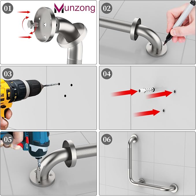 16 Inch Anti Slip Angled Shower Grab Bars with Munzong 20 Inch Stainless Steel Bathroom Grab Bar Brushed Nickel Toilet Handicap Grab Rail Knurled Safety Handle Support Elderly Injury Senior Bath