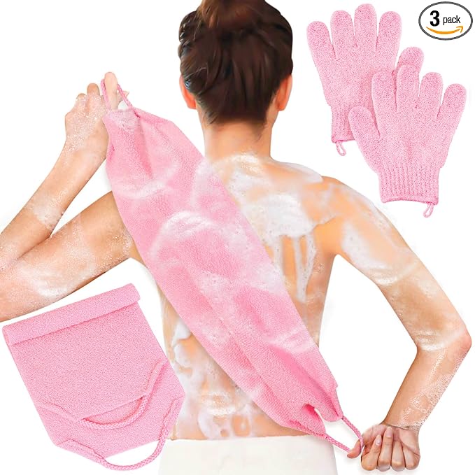 Anezus Exfoliating Shower Bath Gloves Back Scrubber Set for Body, Face, Shower, Bath, Scrub and Exfoliator (Pink)
