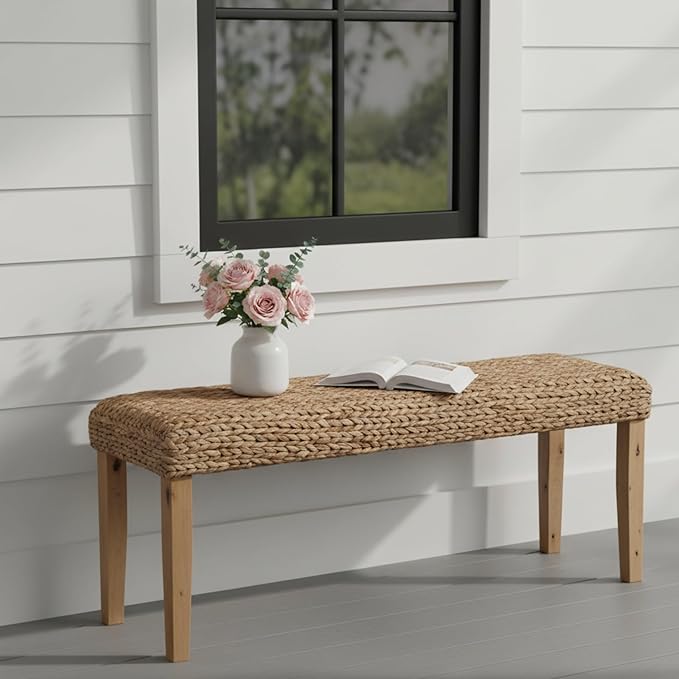 Solid Wood Acacia Indoor Bench with Natural Woven Seat, 47 Inch Wood Bench for Living Room or Entryway Bench, Bedroom End of Bed Bench or Dining Benches, Window Bench (Fishbone, Water Hyacinth)