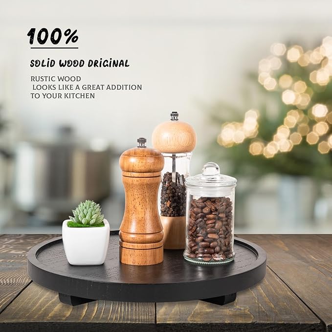 Round Decorative Tray Wood Bathroom Counter Organizer Farmhouse Kitchen Decor Wooden Riser for Soap Dish, Perfume, Candle, Sponge, 11" - Black