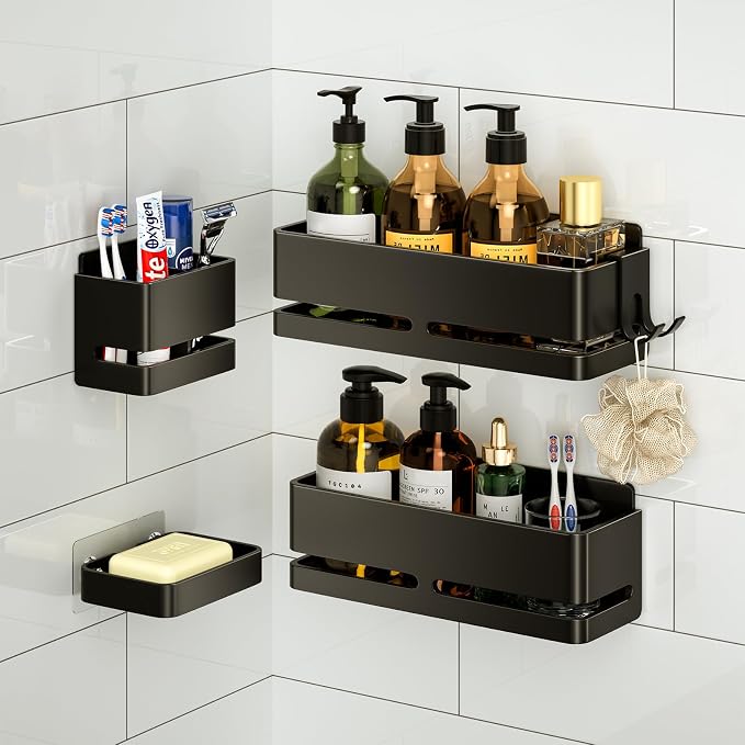 Bathroom Shower Caddy (5-piece Set), wall-Mounted Shelf with soap Dish and Toothbrush Holder, no Drilling Required, Ideal for Bathroom Storage and Also Suitable for Kitchen (Black)