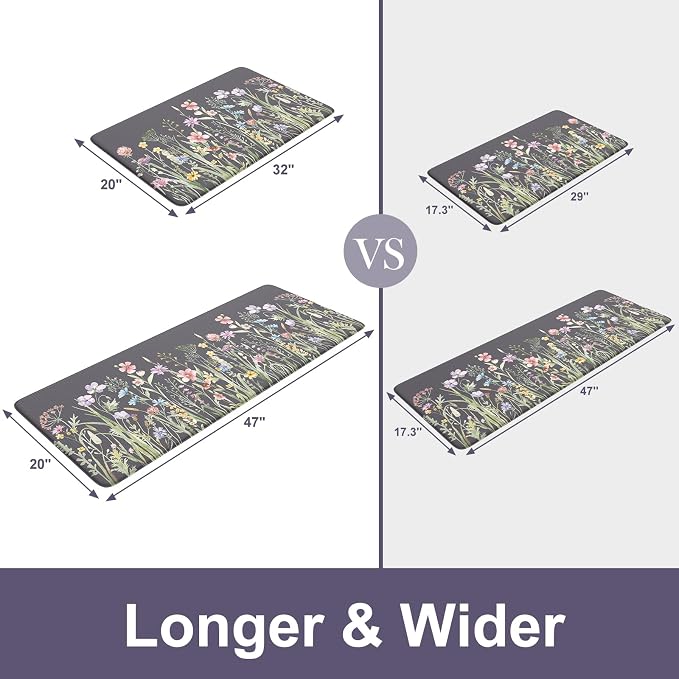 KIMODE Anti Fatigue Kitchen Mats for Floor, 20"x47"+20"x32" Farmhouse Kitchen Rugs Sets of 2, Padded Kitchen Floor Mats, Comfort Standing Mats for Sink, Laundry, Office, Desk Dark Grey/Purple