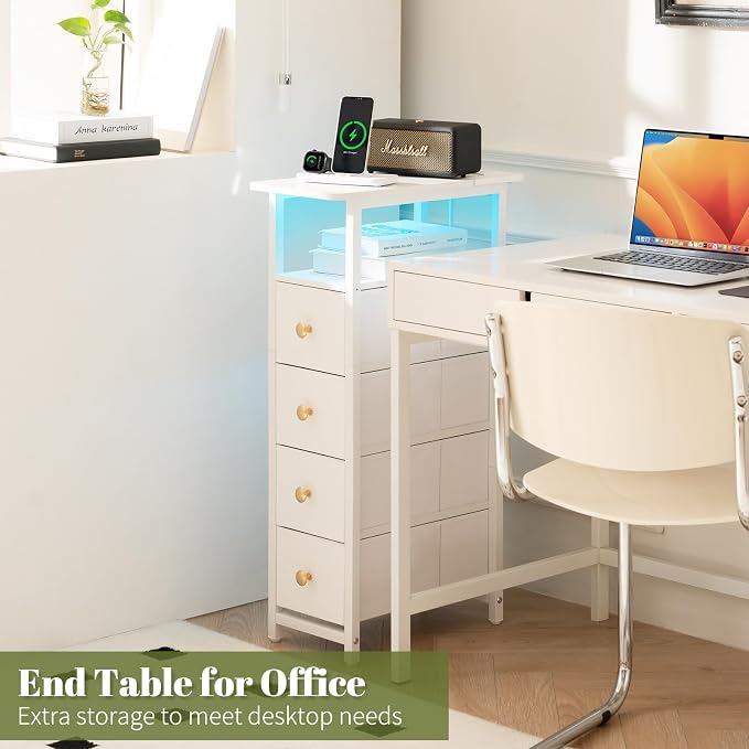 Yoobure LED Narrow Nightstand with Charging Station - Slim Dresser for Bedroom Narrow Side Table Storage Cabinet, Small Dressers Chest of Drawers, Tall Night Stand End Table for Small Spaces, White