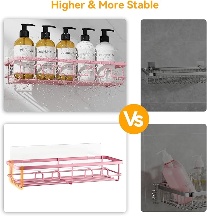 Adhesive Shower Caddy, Large Capacity Shower Racks for Inside Shower, No Drill Bathroom Shower Organizer and Storage, 2 Pack Pink Bathroom Shelves, Home Decor Rv Accessories, Apartment