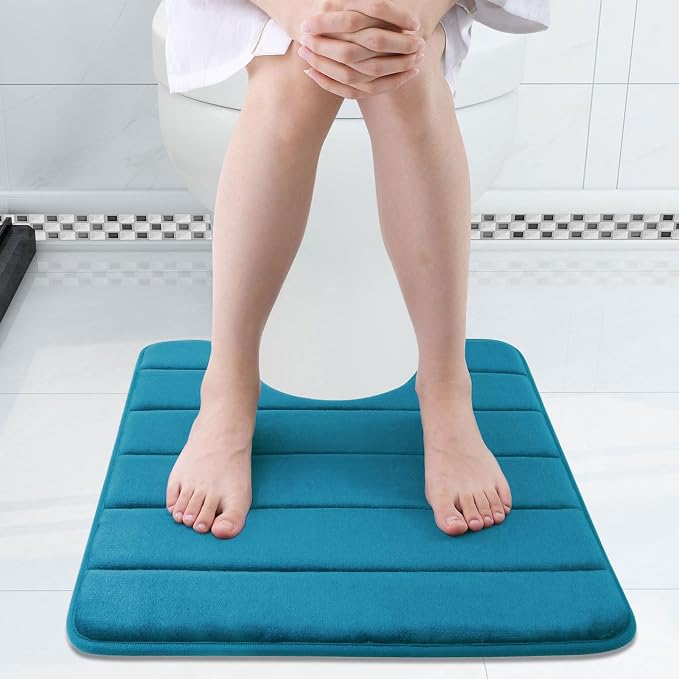 Buganda Memory Foam U-Shaped Contour Toilet Rugs, Non Slip Absorbent, Thick Soft Washable Bathroom Mat, Floor Carpet Bath Rugs Mat for Toilet Base (20" x 20", Peacock Blue)