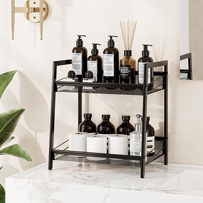 Masupu 2 Tier Bathroom Shelf, Bathroom Organizer and Storage for Small Space, Free-Standing Metal Rack Shelves Waterproof for Kitchen, Bathroom, Laundry, Toilet, Black