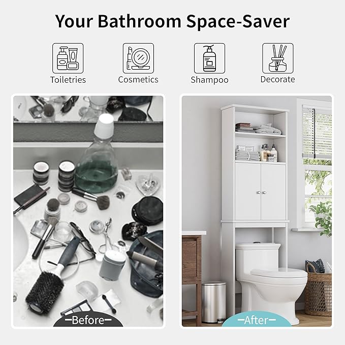 Shintenchi Over the Toilet Storage Cabinet, Bathroom Above the Toilet Rack, Bathroom Adjustable Shelf Organizer with Open Bottom Bar and Anti-Tip Device, White