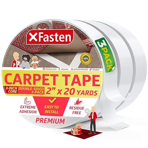 XFasten Double Sided Carpet Tape - 2” x 20yd (3-Pk) Bulk Double Sided Rug Tape for Carpet, Indoor Outdoor Carpet Tape for Area Rugs over Carpet, Strong Adhesion Carpet Binding Tape for Hardwood Floors