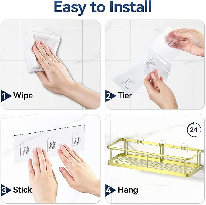 YASONIC Shower Caddy Adhesive, Rustproof Shower Organizer, Large Capacity Shower Shelves for Inside Shower, No Drilling Bathroom Organizers and Storage for Home Decor （2 Pack Gold）